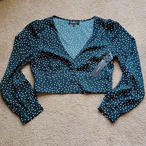 Lulu's green polka dot long sleeve crop top L NWT